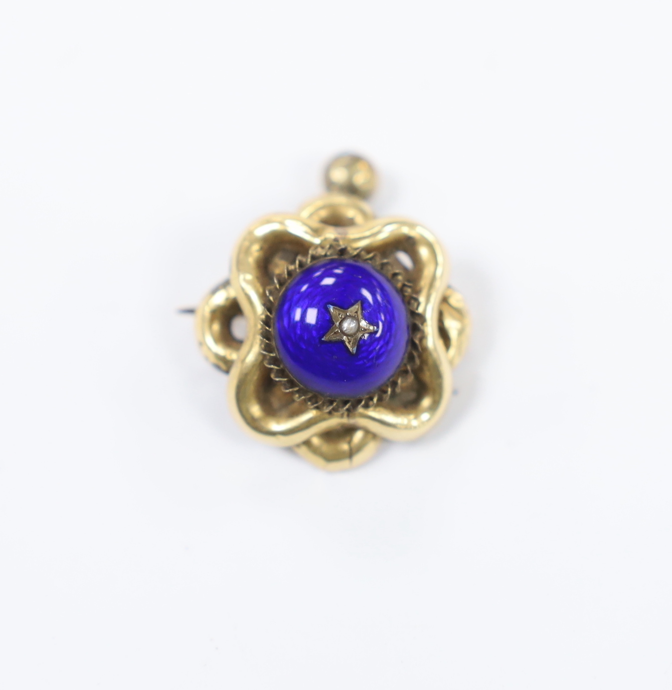 A Victorian yellow metal, enamel and seed pearl set drop brooch, 25mm, gross weight 3 grams.